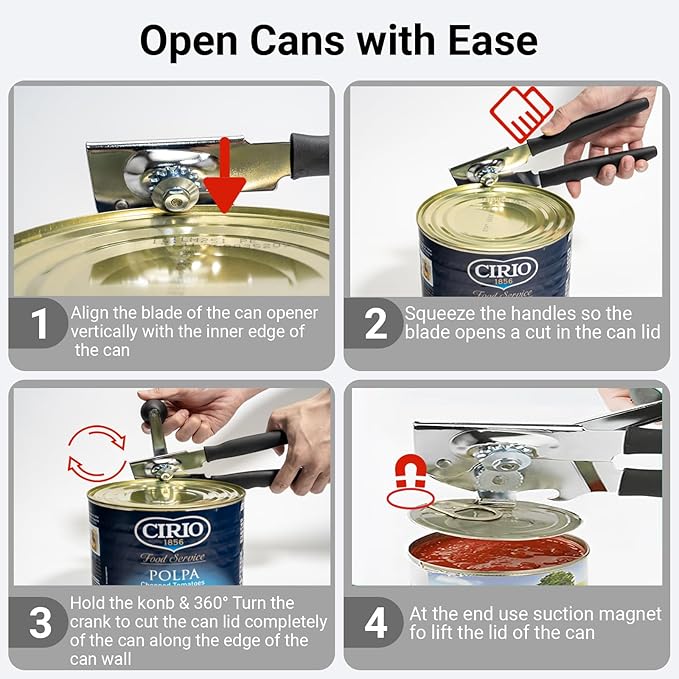 Commercial Can Opener, RICKUNCL Hand Crank Can Opener with Magnet, Comfortable Extra-long Handles, Oversized Knob, Professional Ergonomic & Easy for Big Cans