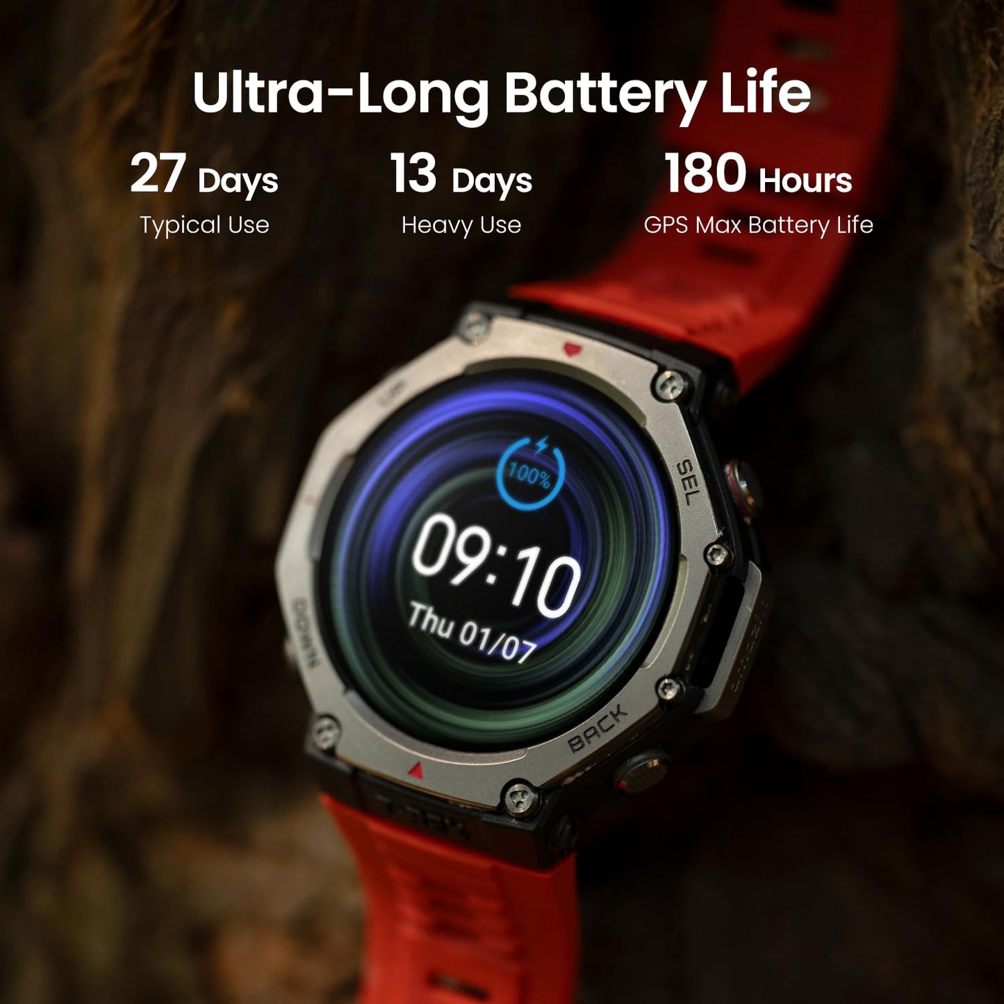 Amazfit Refurbished T-Rex 3 Rugged Military Smart Watch 48mm, GPS, Offline Maps, 100m Water-Resistant, Outdoor Fitness Smartwatch for Men, 170 Sport Modes, AI, Voice Control, Renewed (Lava)
