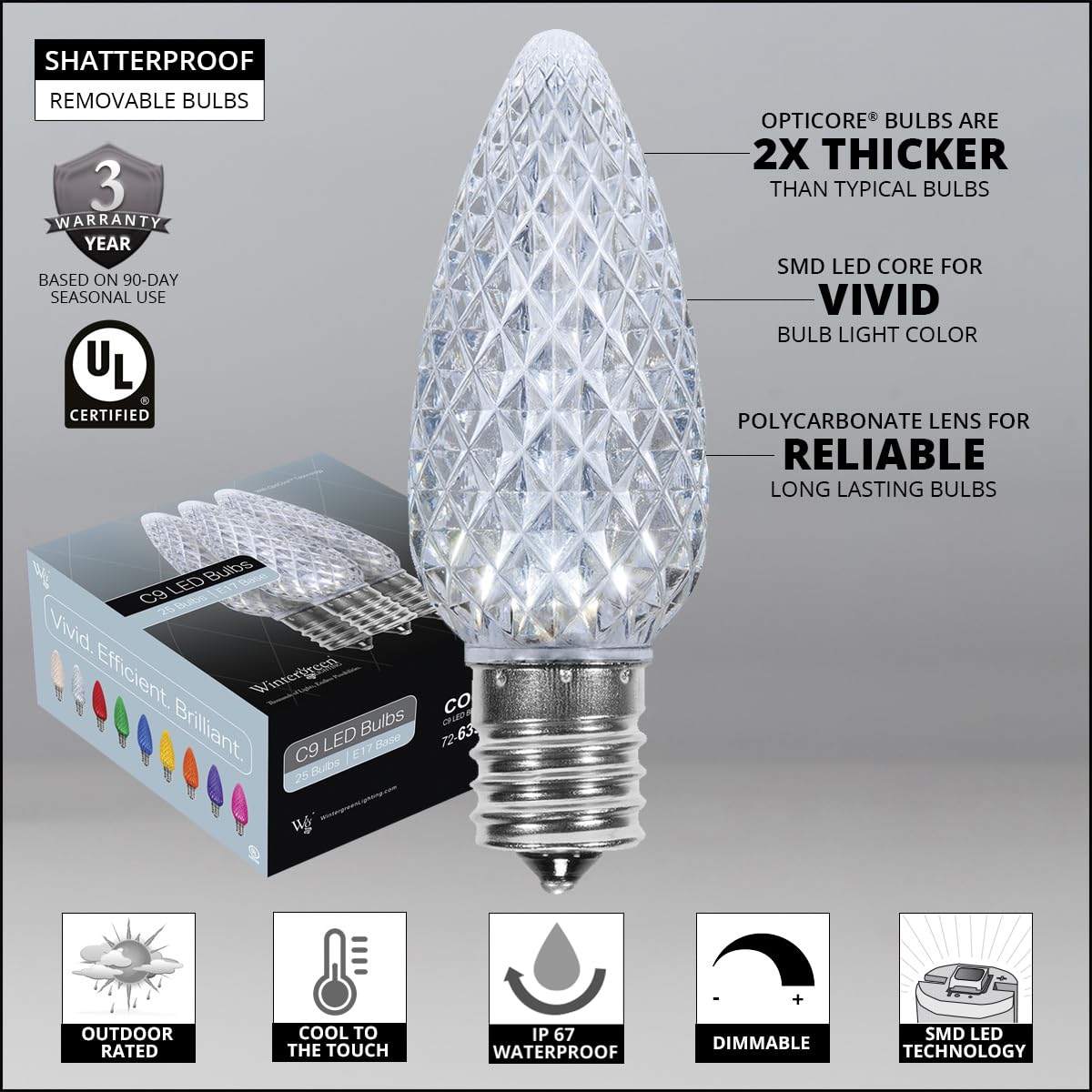 Wintergreen Lighting 25 Pack Opticore Led C9 Cool White Christmas Light Bulbs - enhanced Shatterproof C9 Led Christmas Replacement Bulbs  E17 Bulbs/Base (Cool White Faceted)