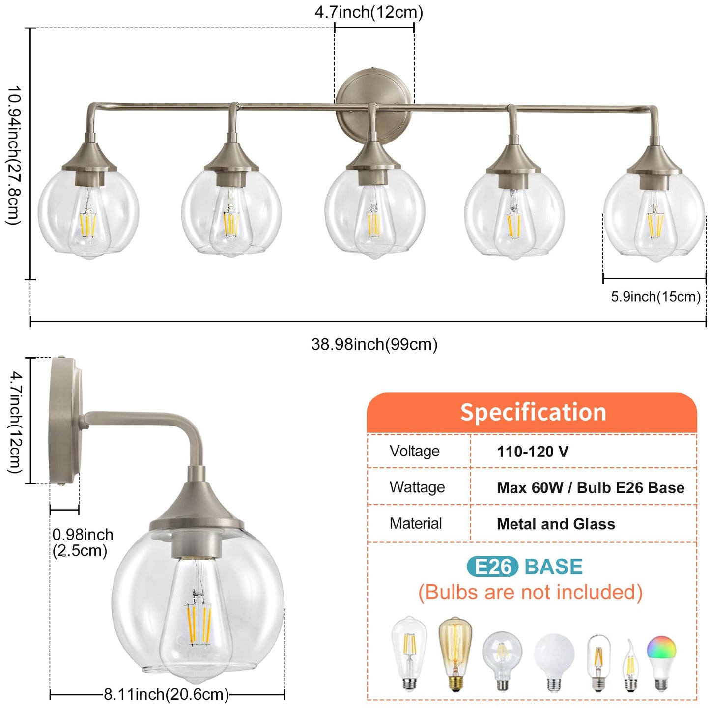 Gednbo Bathroom Vanity Lights With Clear Glass Shade  E26 Base  Vanity Lighting Fixtures Over Mirror  39 Inch Vanity Lights For Bathroom (Exclude E26 Bulb) (Brushed Nickel  5-Lights)