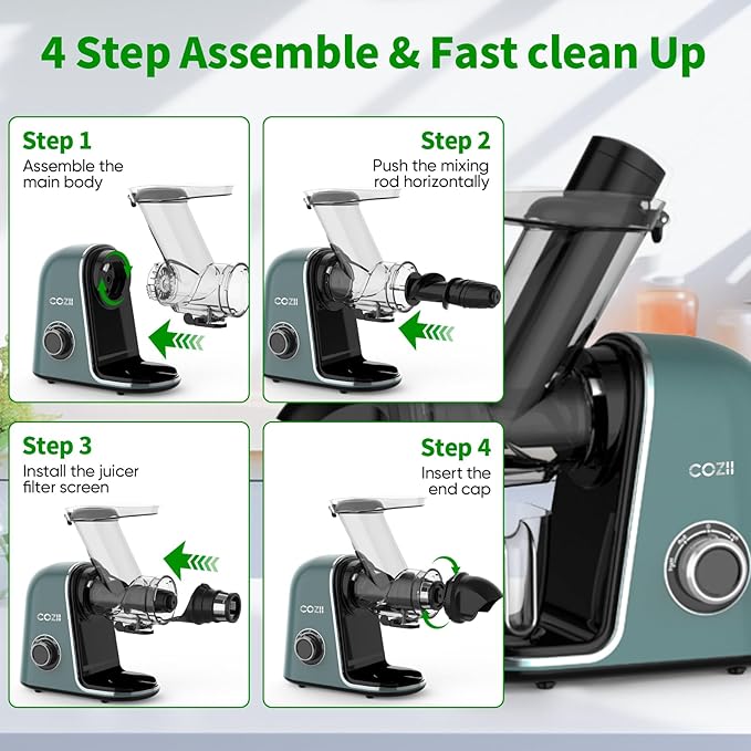 COZII Cold Press Juicer,Non-Clog Slow Masticating Juicer Soft/hard Mode & Quiet Motor,3.6 Inch Large Feed Chute For Vegetable and Fruit,Easy to Clean Juicer Machines,Dishwasher Safe,High Juice Yield