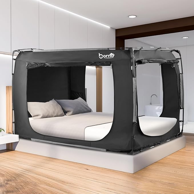 BORNA Bed Tent Bed Canopy King Size, Portable Sleeping Tents Dream Tents Indoor for Kids and Adult, Breathable 70% Blackout Big Space on Bed with Three Doors (Mattress Not Included)