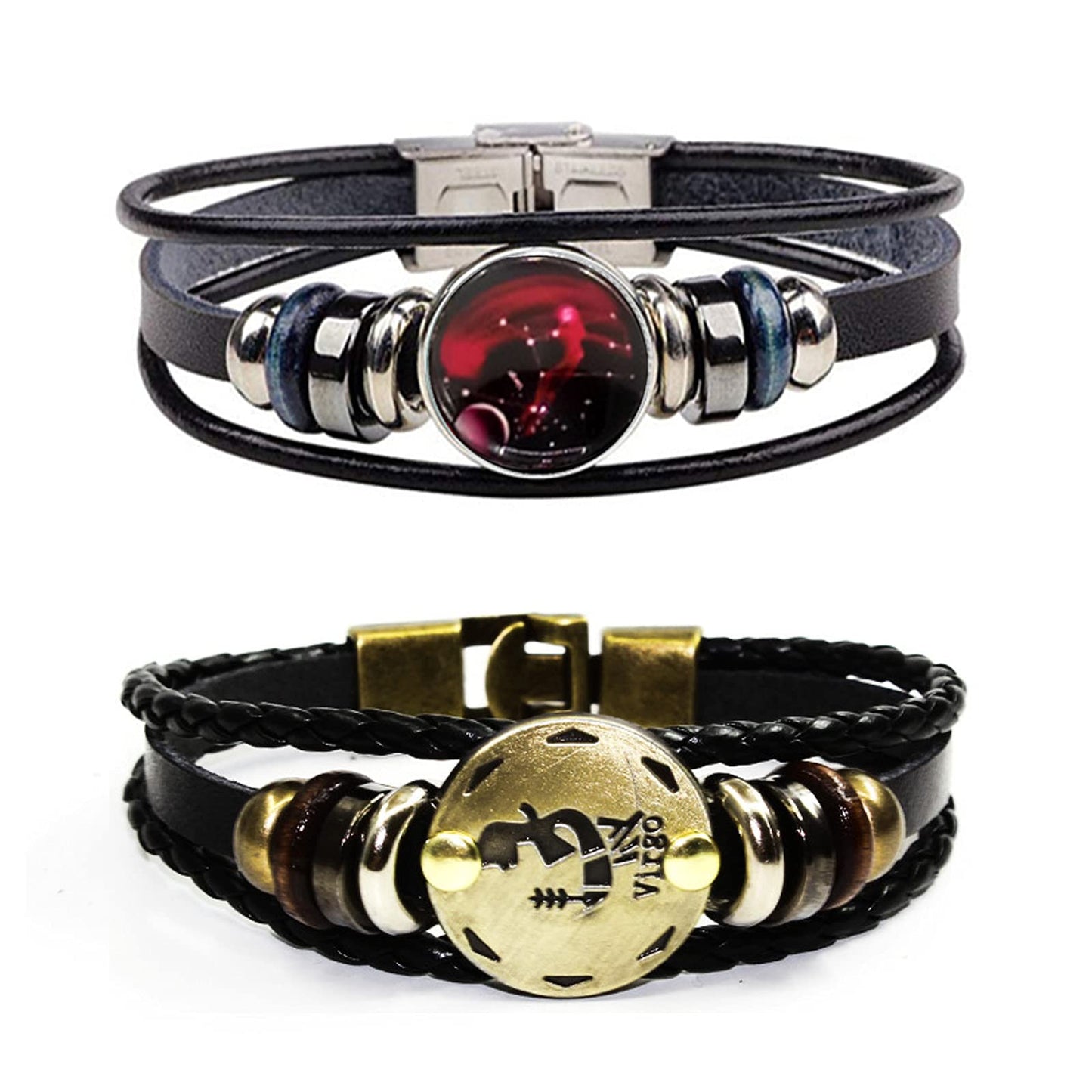 Dcfywl731 2Pcs Virgo Zodiac Bracelets for Women 12 Constellations Multilayer Leather Bracelet Handmade Woven Zodiac Sign Wrap Wr
