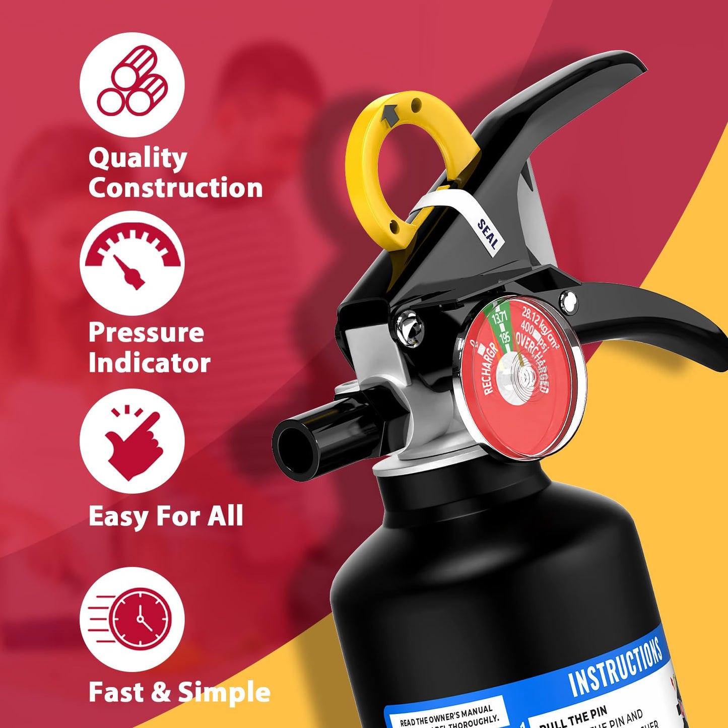 Ougist ABC Dry Powder Fire Extinguisher 2.5 lb 1‑A:10‑B:C Rated with Quick‑Release Handle for Home Kitchen Vehicle Safety Model FF1KG
