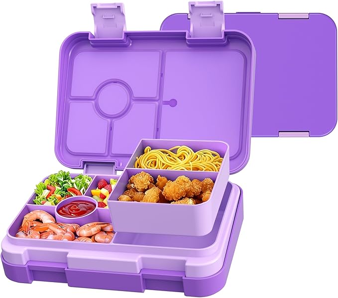 Bento Lunch Box for Kids, 6 Compartments BPA Free, Dishwasher Safe Back to School Snack Bento Lunch Containers Boxes, Ideal Portion Sizes for On-the-Go Meal, Ages 3+, School, Purple