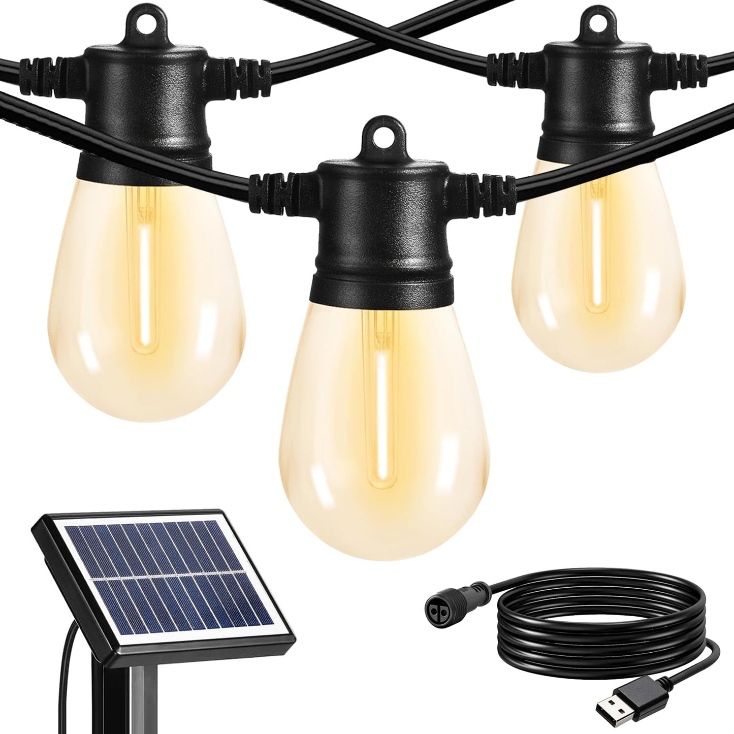 SUNTHIN Solar String Lights, 48ft Waterproof Black Outdoor Patio Lights, Shatterproof Solar Bulbs for Garden, Pool, Party, Camping