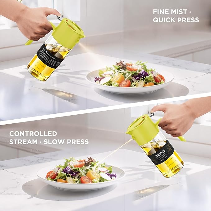 17oz/500ml Premium Olive Oil Sprayer for Cooking, 2 in 1 Glass Olive Oil Dispenser Bottle for Kitchen Gadgets, Spray Bottle with Portion Control for Salad, Frying, BBQ (Lime Yellow)