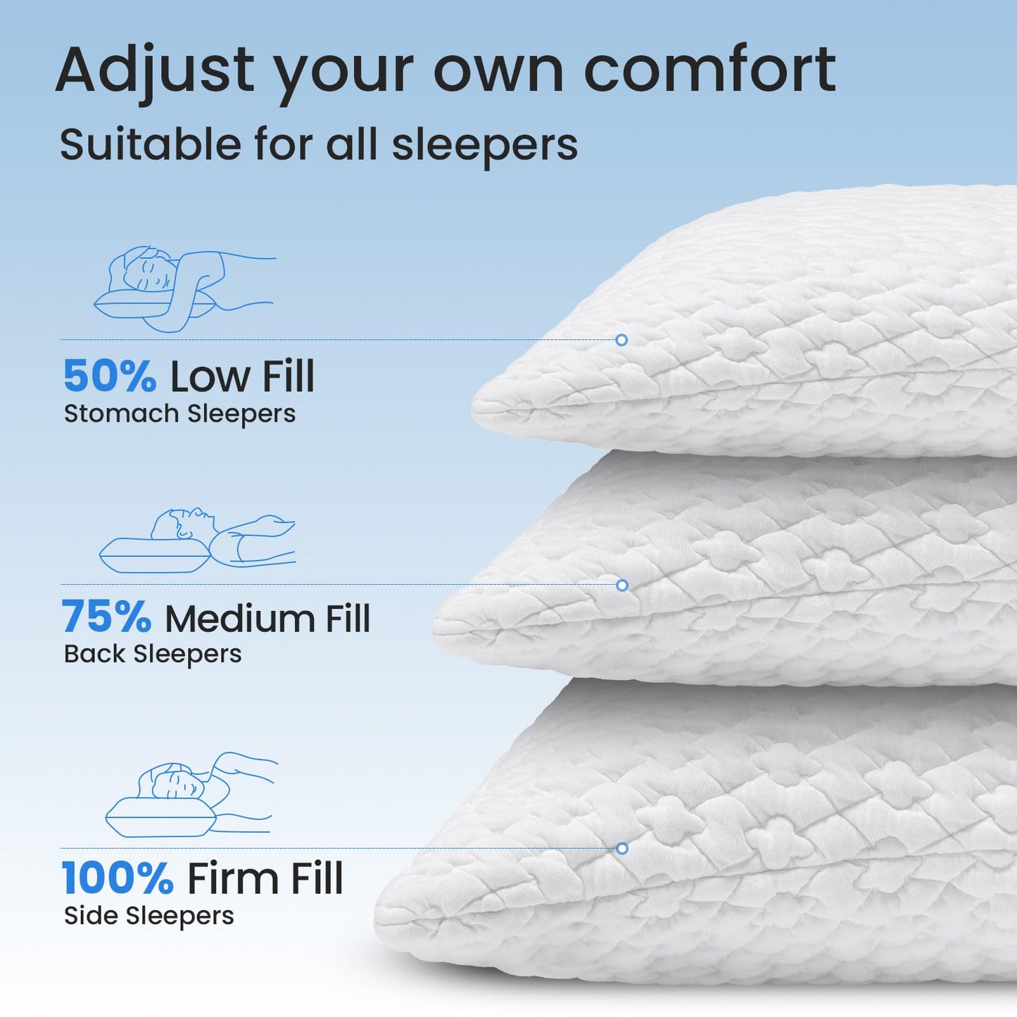 TWK Original Adjustable Bed Pillow for Sleeping, Good for Side, Back & Stomach Sleeper with Washable Removable Cover, Additional Foam Fill Included (White, Queen(1 Pack)-20.5"*30.5")