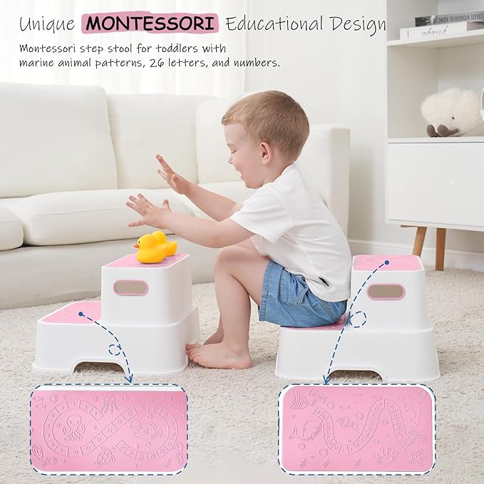 Two Step Stools for Toddlers Girls, Small Kids Step Stool for Bathroom Sink, No Slip Toddler Step Stool for Little Grils Room Princess Bedroom Closet Potty Training (2 Pack, White-Pink)