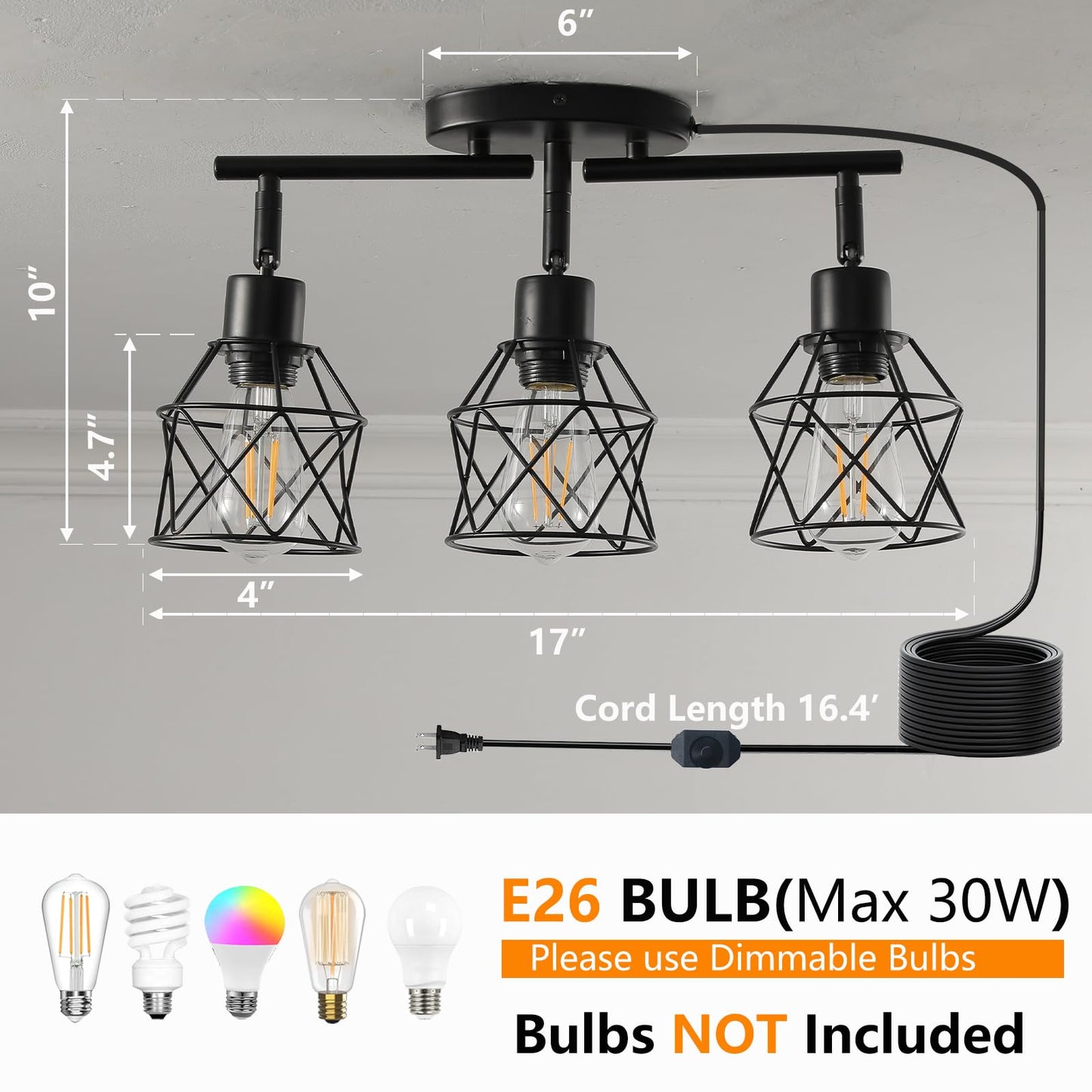 Vivihobb Dimmable Black Plug In Track Lighting Kit 3 Light Plug In Ceiling Light With 16.5 Cord Flexibly Rotatable Light Head Modern Industrial Farmhouse Style(Bulbs Not Included)