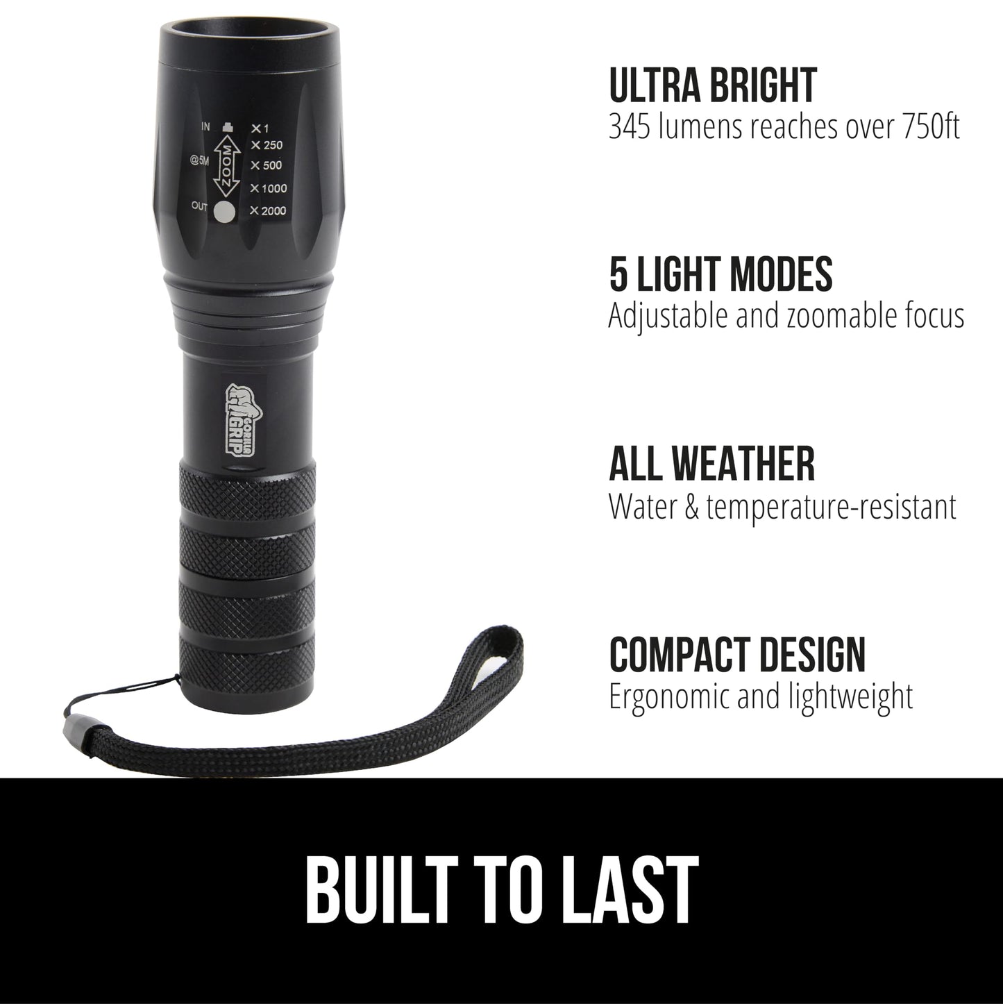 Gorilla Grip LED Tactical Handheld Flashlight, 750 FT Zoom, 5 Modes, Water Resistant, Black, Model 840029670880