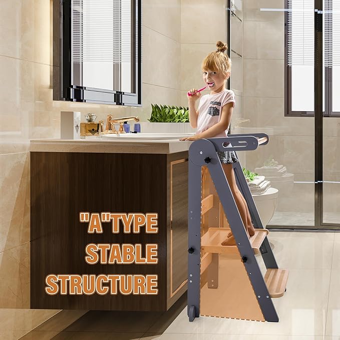 Foldable Toddler Kitchen Stool Helper - Adjustable Height Folding Toddler Standing Tower, Kids Helper Stool with Safty Rail for Kitchen Counter Bathroom (Grey)