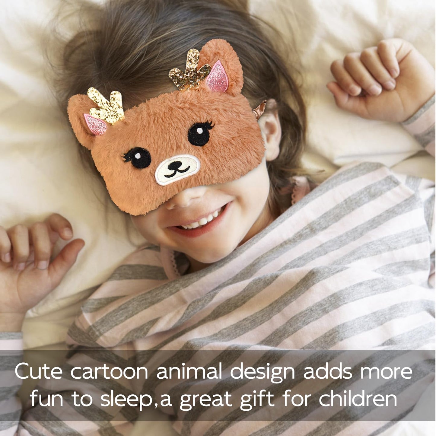 VHOPMORE Cute Animal Sleeping Mask Sleep Mask, Xmas Reindeer Soft Plush Eye Mask for Travel Nap Funny Rudolph Blindfold Eye Cover Eyeshade for Adult Kids Girls Teens Men Women - Reindeer, Gold & Brown