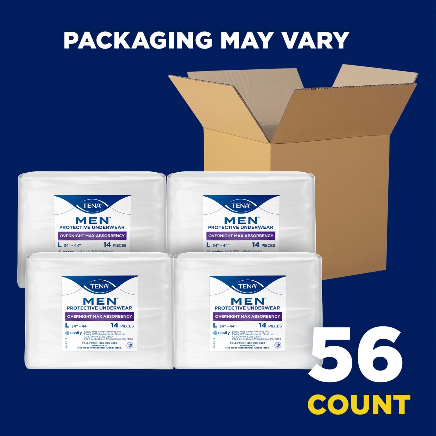 Tena Men Protective Incontinence Underwear Overnight Max Absorbency, L, 56 Count (Waist Size 34in-44in)