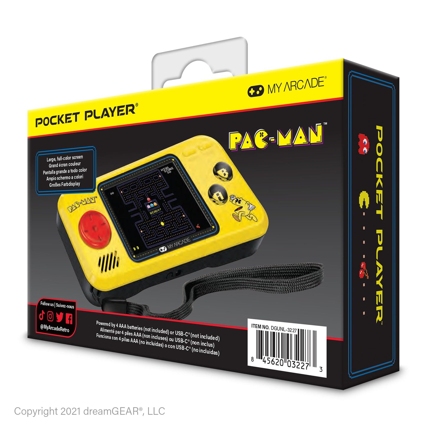 My Arcade Pocket Player Handheld Game Console: 3 Built In Games, Pac-Man, Pac-Panic, Pac-Mania, Full Color Display, Speaker, Volume Controls, Headphone Jack, Battery or Micro USB Powered, Yellow