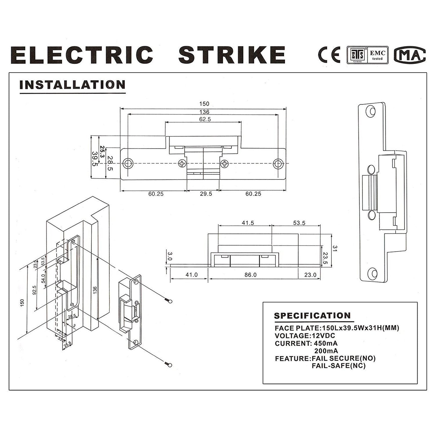 UHPPOTE Electric Strike Door Lock Fail-Secure for Access Control System Deadlatches or Cylindrical Locksets