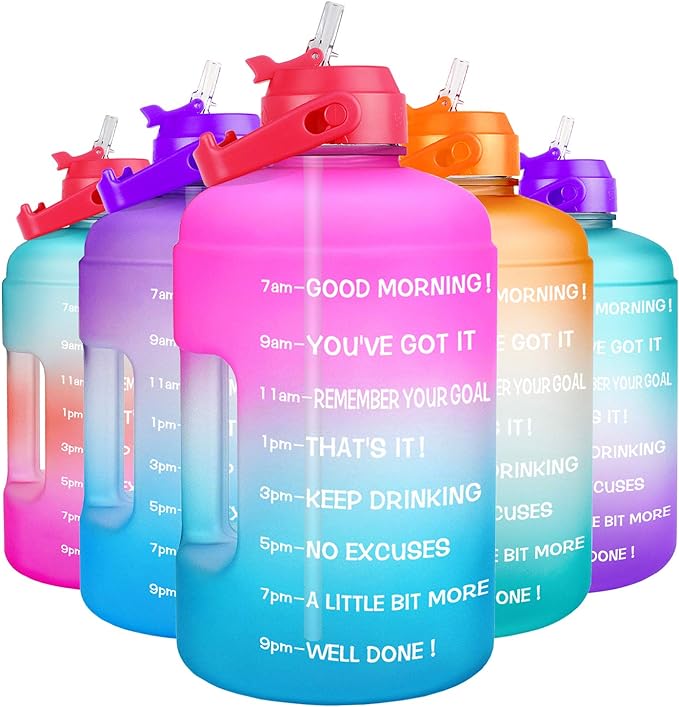 QuiFit 1 Gallon Water Bottle - with Straw & Motivational Time Marker Leak-Proof BPA Free Reusable Gym Sports Outdoor Large(128OZ) Capacity Water Jug(Pink/Blue Gradient,1 Gallon)