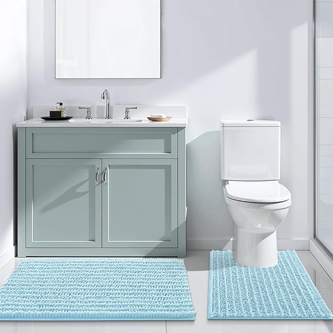 Arotive Luxury Chenille Bathroom Rug Mat, Extra Soft Thick Absorbent Shaggy Bath Rugs, Non-Slip Machine Wash Dry, Plush Bath Mats for Bathroom, Shower and Tub, 47x32, Blue