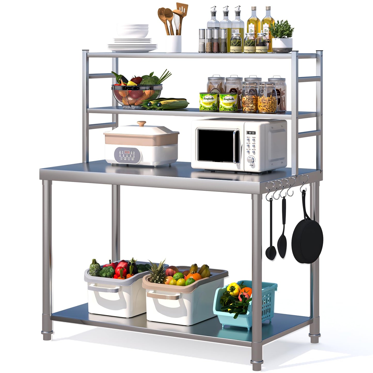 JFHID Stainless Steel Table with Shelves 48"x24" Prep Table for Commercial Kitchen Steel Countertop with 2 Adjustable Tier Overshelves Worktable Workbench for Home Restaurant (Large)