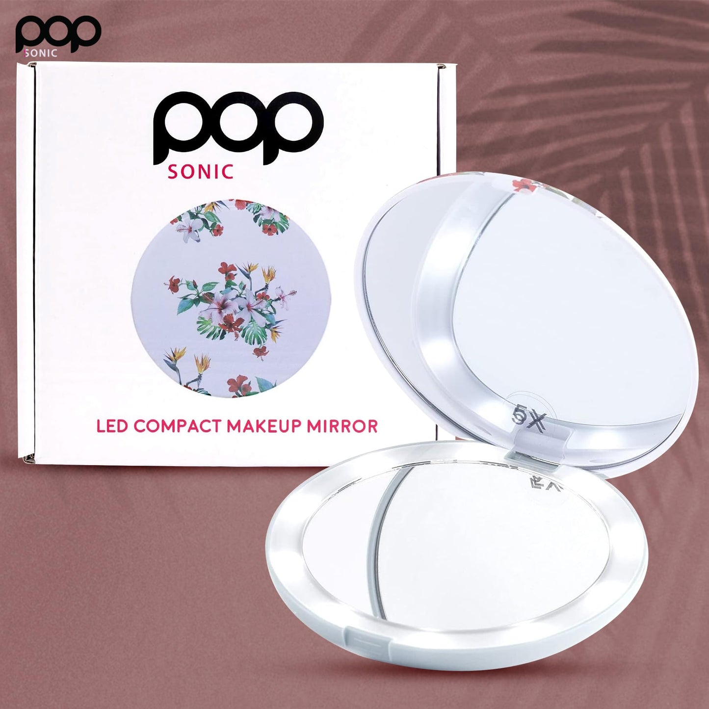 LED Compact Mirror - White Floral | Portable Makeup Mirror - 5 Foldable - 1X & 5X Lighted Magnifying Mirror