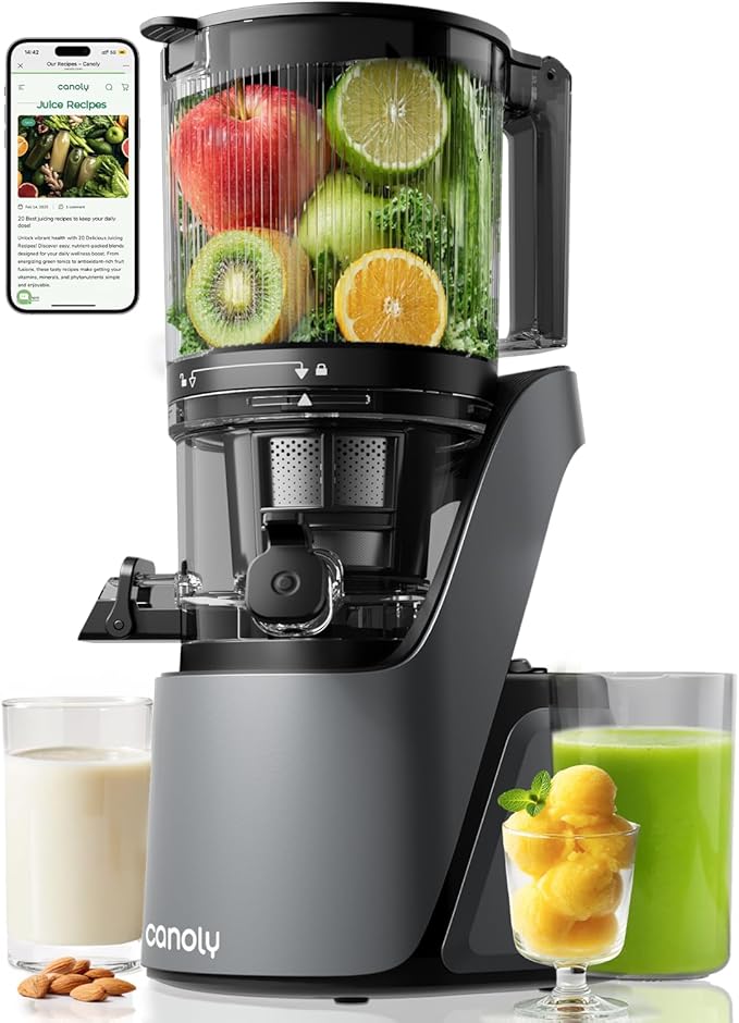 Canoly C16 Cold Press Juicer, with a 6" Wide Chute & Self-Precut, 3-in-1 Strainers (Juice & Sorbet & Nut Milk), BPA-Free Construction, Powered by a AC Brushless Motor (Space Gray)
