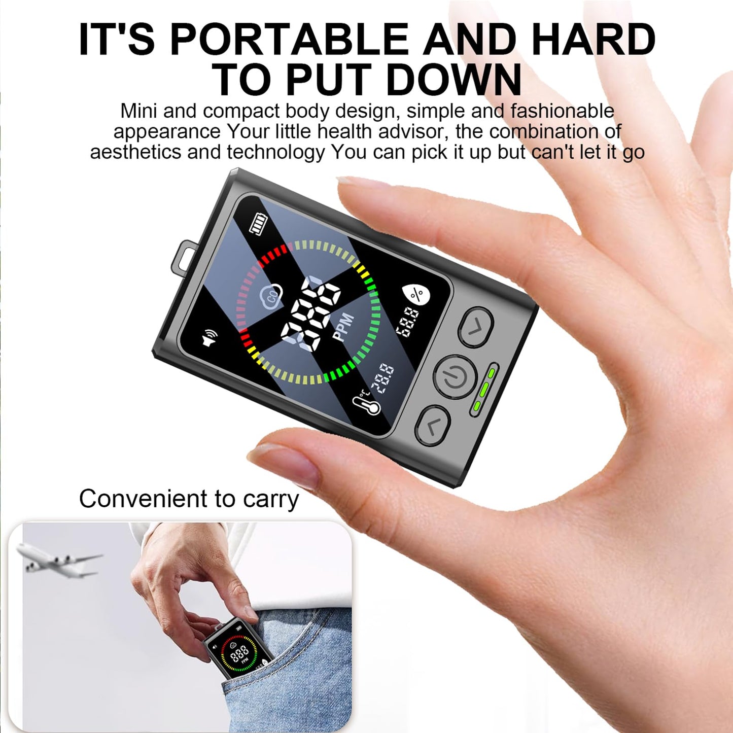 Portable Carbon Monoxide Detector for Travel, 3-in-1 Rechargeable Carbon Monoxide Alarm, 168H Standby, Temp/Humidity Detection, CO Monitor with Audible & Visual Alarm for Camping, Car, RV, Hotel