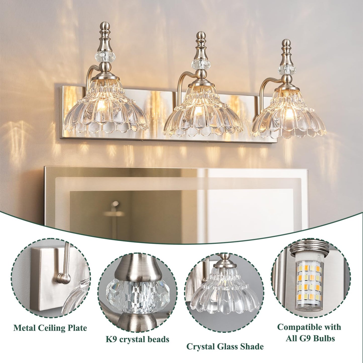 Lbsqj Vintage Bathroom Vanity Light  3-Light Brushed Nickel Vanity Lighting Fixture With Flower Glass Shade  Bathroom Lighting Fixtures Over Mirror