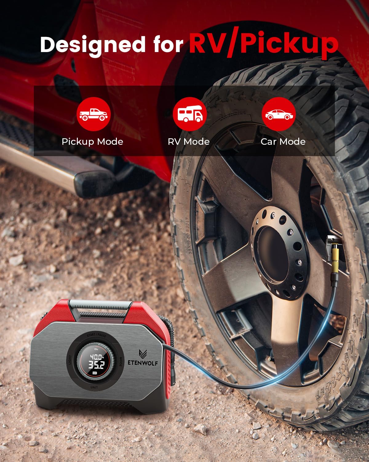Etenwolf Vortex S6Se Cordless Tire Inflator Portable Air Compressor, 160 Psi Air Pump For Car Tires With 15600 Mah Battery, 100%