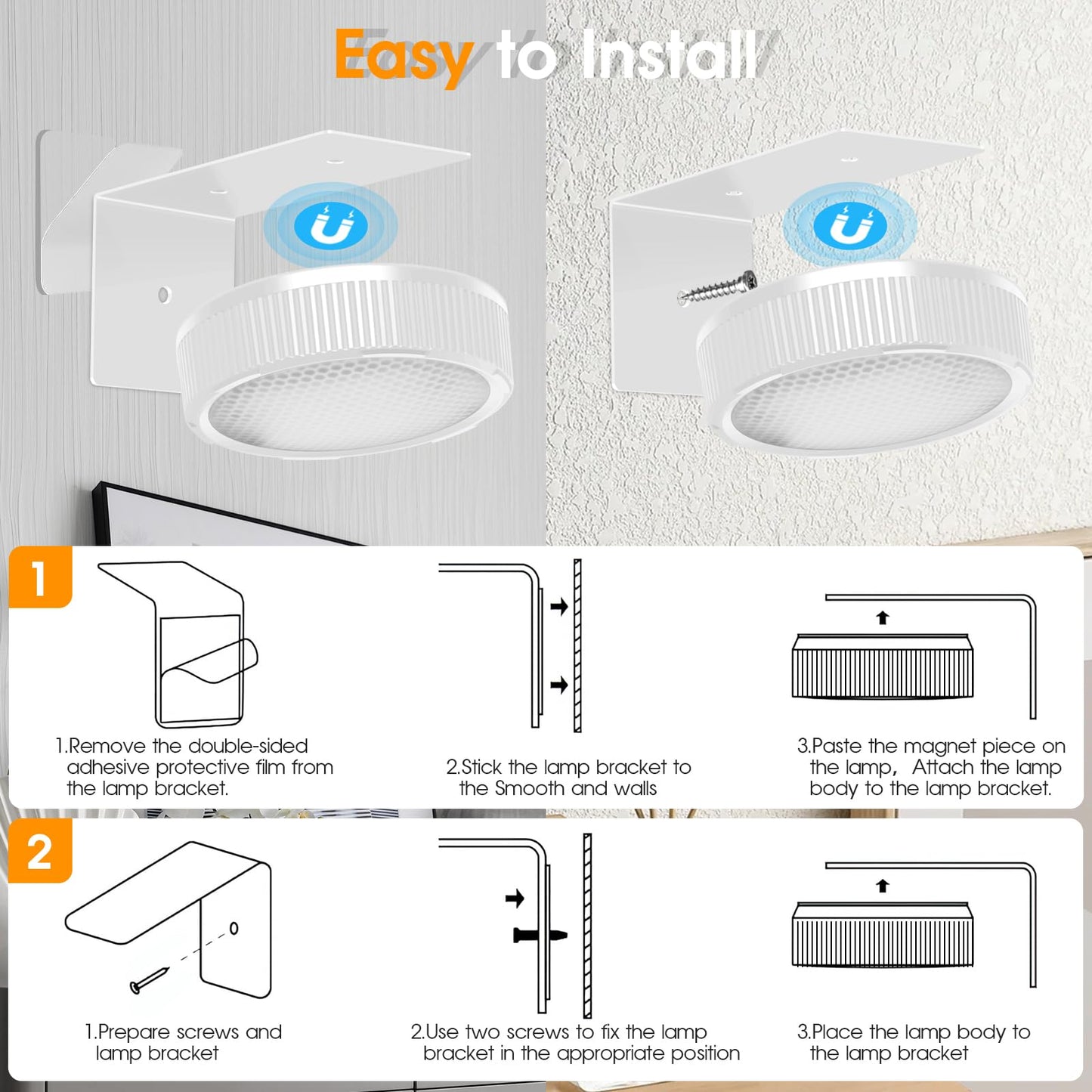 SIXDEFLY RGB Magnetic Suction Spotlight - Battery-Powered, Wireless, Remote Control - 3 Pack - White