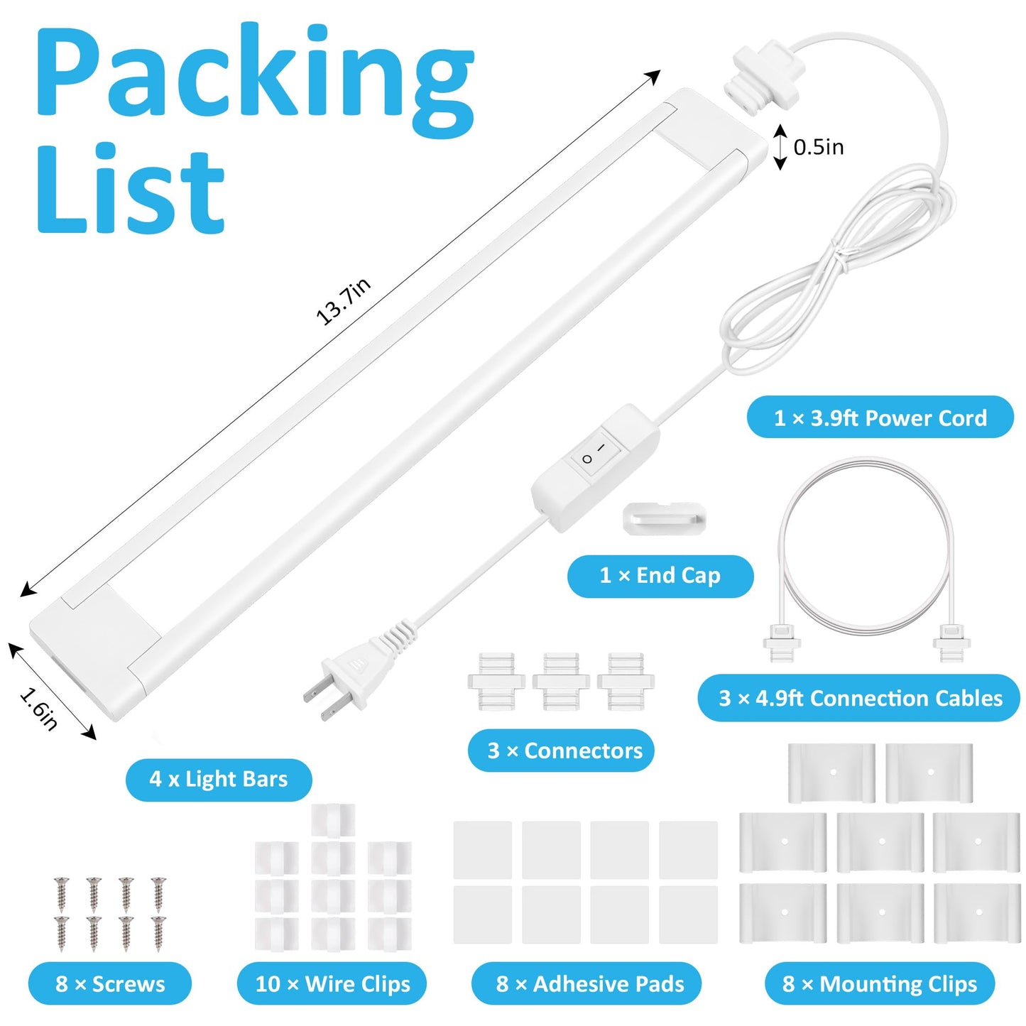 maylit Under Cabinet Lighting Plug in, 4 Pcs 14 Inch Linkable Ultra Bright LED Light Bars, Renter Friendly Lamp, Wired Indoor Lights for Kitchen Cabinet, Counter, Workbench, Desk, Shelf, Cool White
