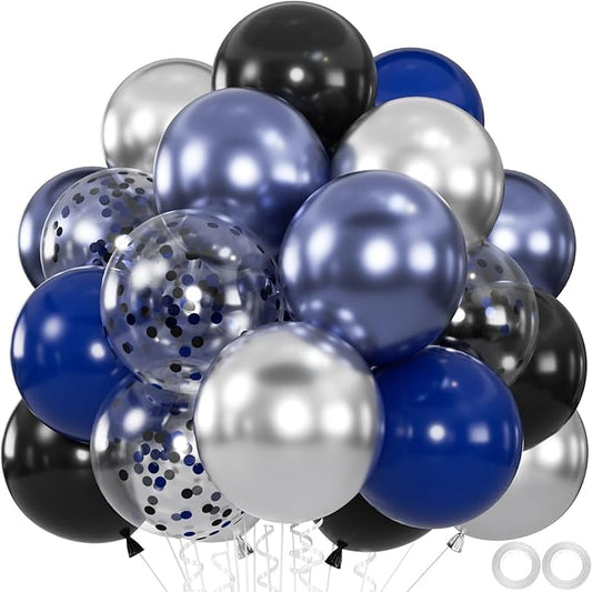 60pcs Blue and Black Balloon, 12" Navy Metallic Blue & Silver Confetti Balloons for 2025 Graduation, Father’s Day, Birthda...