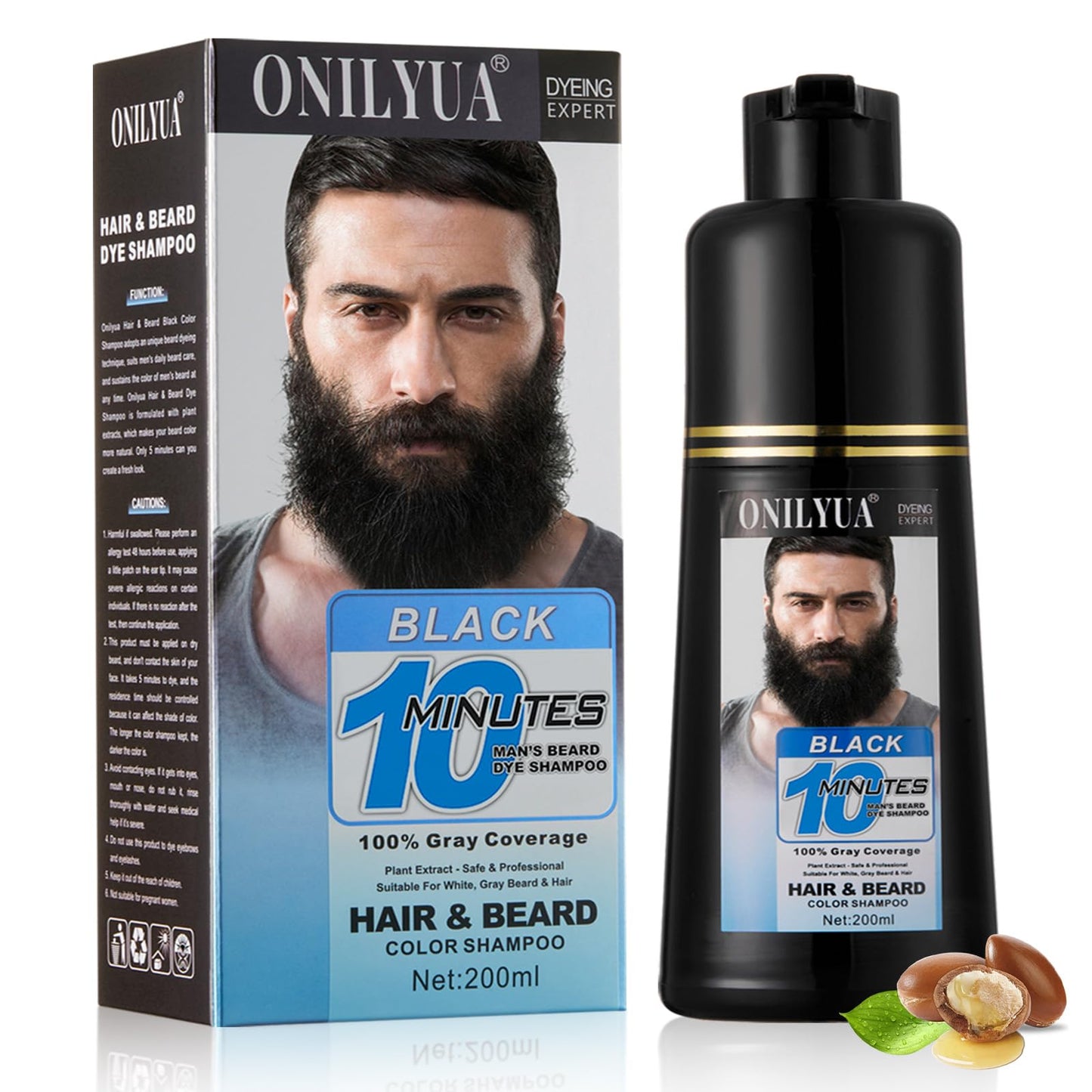 Mens Beard & Mustache Dye Shampoo, Instant 100% Grey Hair Coverage, 3 in 1 Black Beard Color Shampoo for Men Facial Hair, Easy t