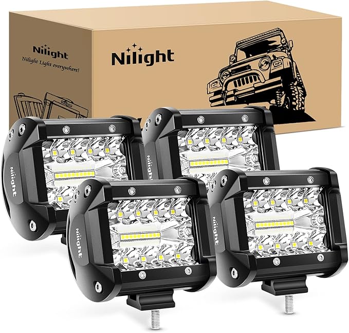 Nilight 4Pcs LED Pods 4Inch 60W Triple Row Flood Spot Combo 6000LM Light Bar Driving Fog Lights Off Road Lighting for Truc...