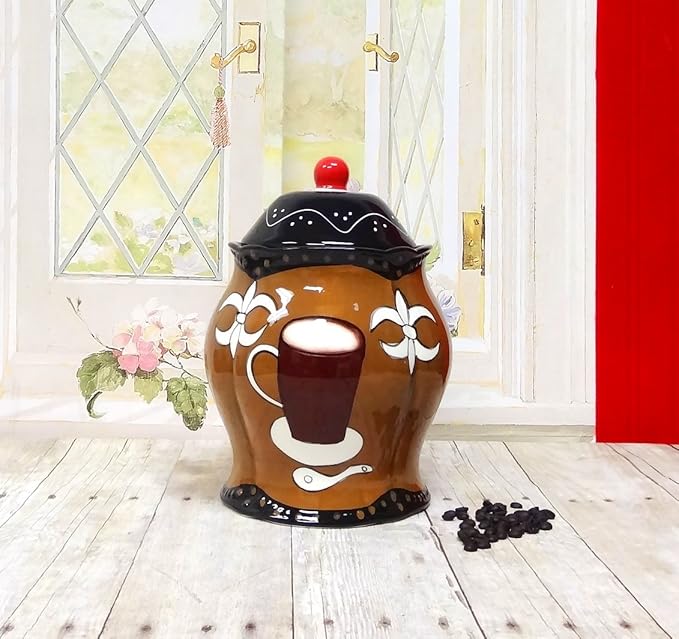 ACK Tuscany Hand Painted Fleur De Lis Coffee Design Collection Ceramic Cookie Jar with Lid, Food Storage Jar, Kitchen Décor, Snack Storage Container for Cookie, Candy