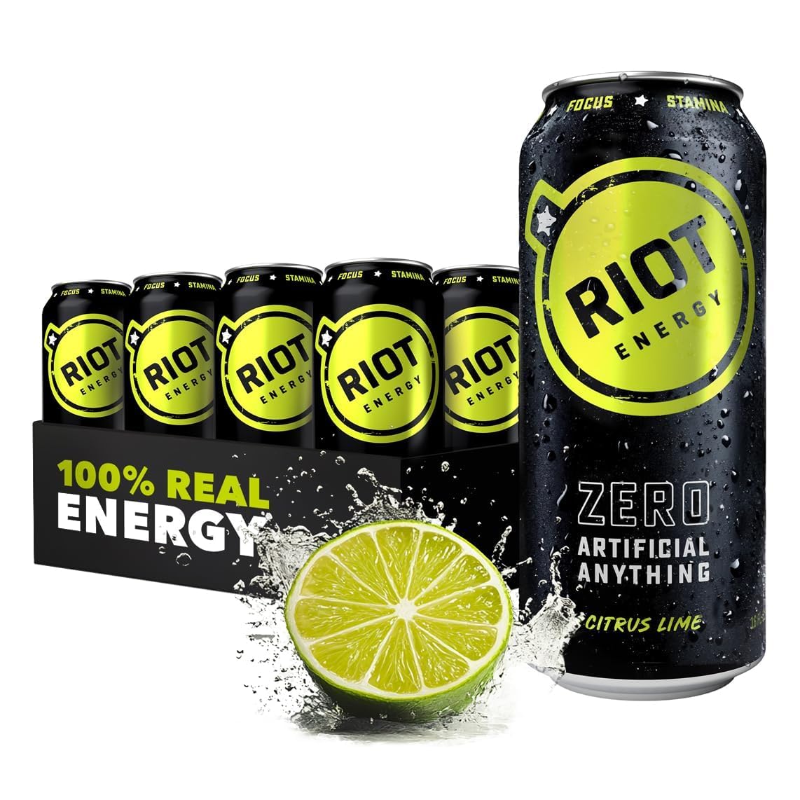 RIOT Clean Energy Drink  Citrus Lime  Zero Artificial Anything  No Sucralose  Made with Real Fruit  No Sugar Added  Natural Healthy Energy Stamina & Focus  16 Fl Oz (Pack of 12)