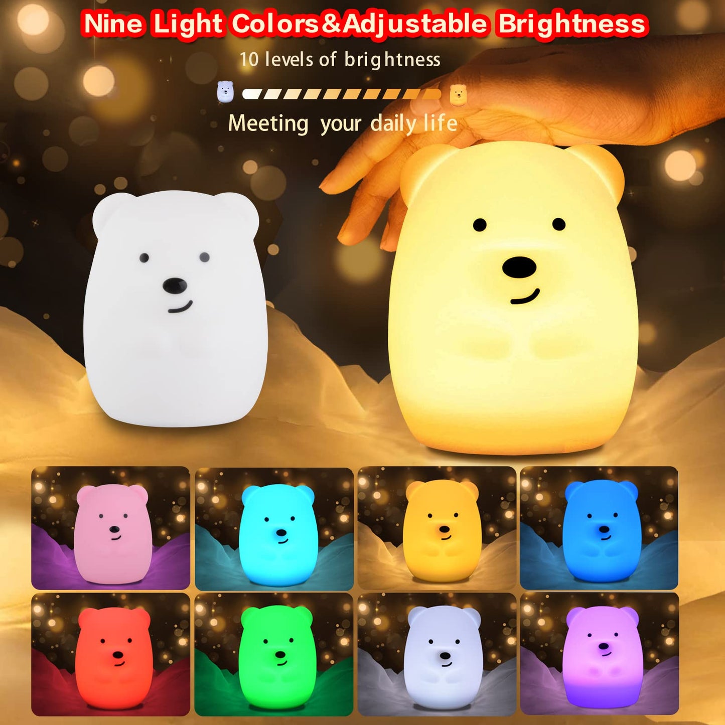 WHA&DARREN Bear Night Light, Silicone Nursery Lamp, 9 Colors, Model HY805, Cute Kids Room Decor