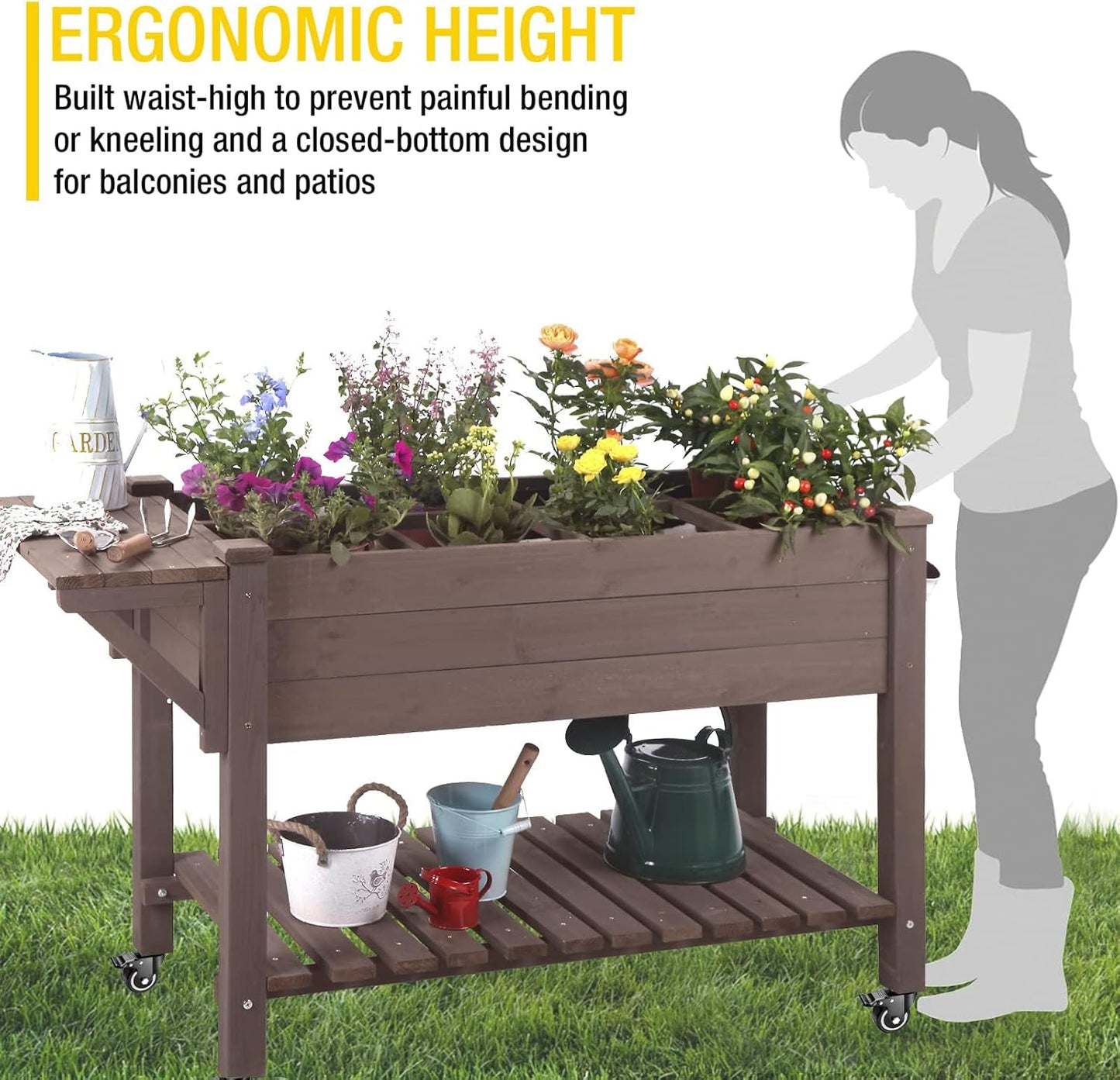 Aivituvin Raised Garden Bed on Wheels, Elevated Plant Boxes Outdoor Large with Grow Grid - with Large Storage Shelf 52.7" x 22" x 30"