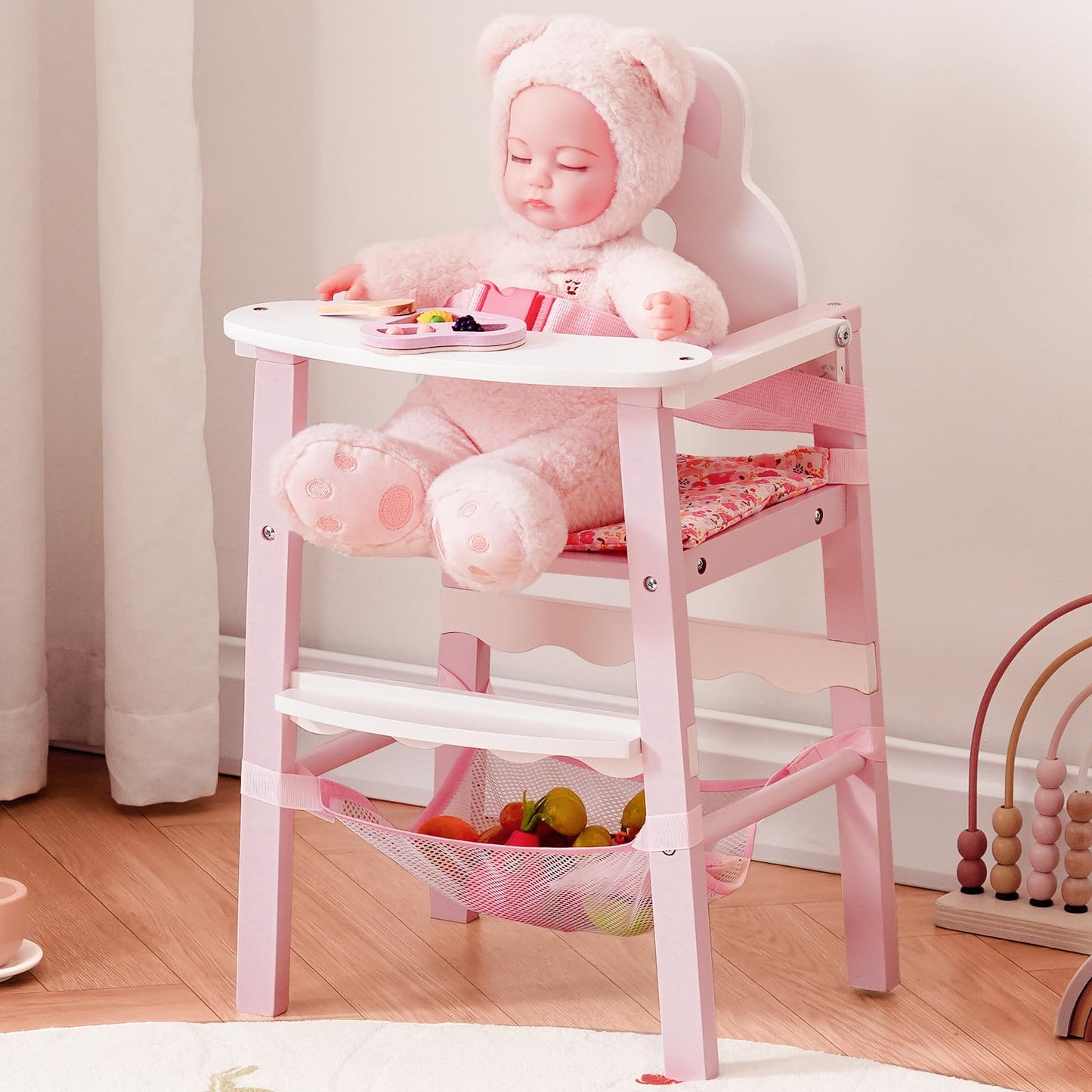 ROBOTIME Wooden Baby Doll High Chair – Pretend High Chair Toys for 18" Dolls – Doll Feeding Chair Toy with Tray – Baby Doll Furniture for Girls Ages 3+