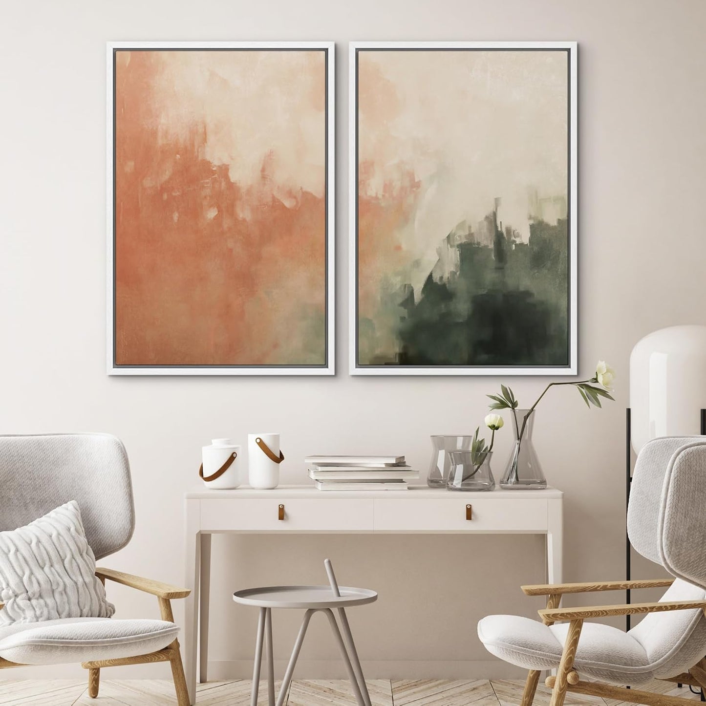SIGNWIN Framed Canvas Print Wall Art Set Color Fade Abstract Landscape Earthy Terracotta and Forest Green Illustrations Modern Minimal Decorative for Living Room, Bedroom, Office - 16"x24"x2 White