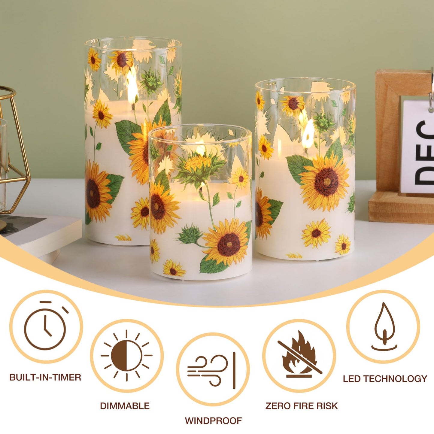 Girimax Sunflower Glass Flameless Pillar Candles with Remote, Flickering LED Battery Candles Christmas Holiday Decor Gift Set of 3