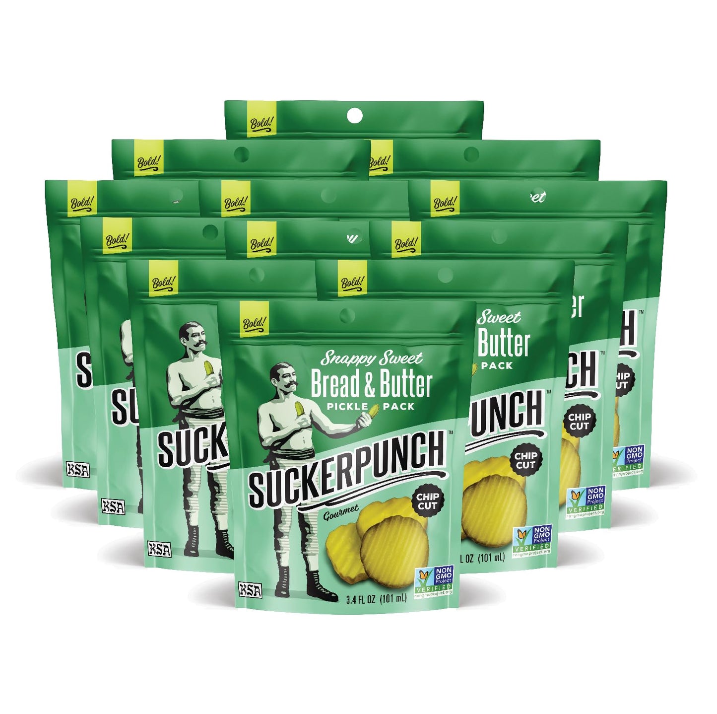 SuckerPunch Snappy Sweet Bread N Butter Dill Pickles Chip-Cut, Gluten Free, Kosher, Sugar Free, Low Calorie, Low Carb, on the Go