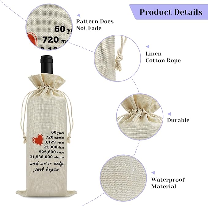 Sfodiary 60th Anniversary Wine Bag Wedding Gift for Wife Husband 60th Year Marriage Gift for Women Men Burlap Wine Wrap Bag Valentine Christmas Thanksgiving Gifts for Couples Wine Gift Bag