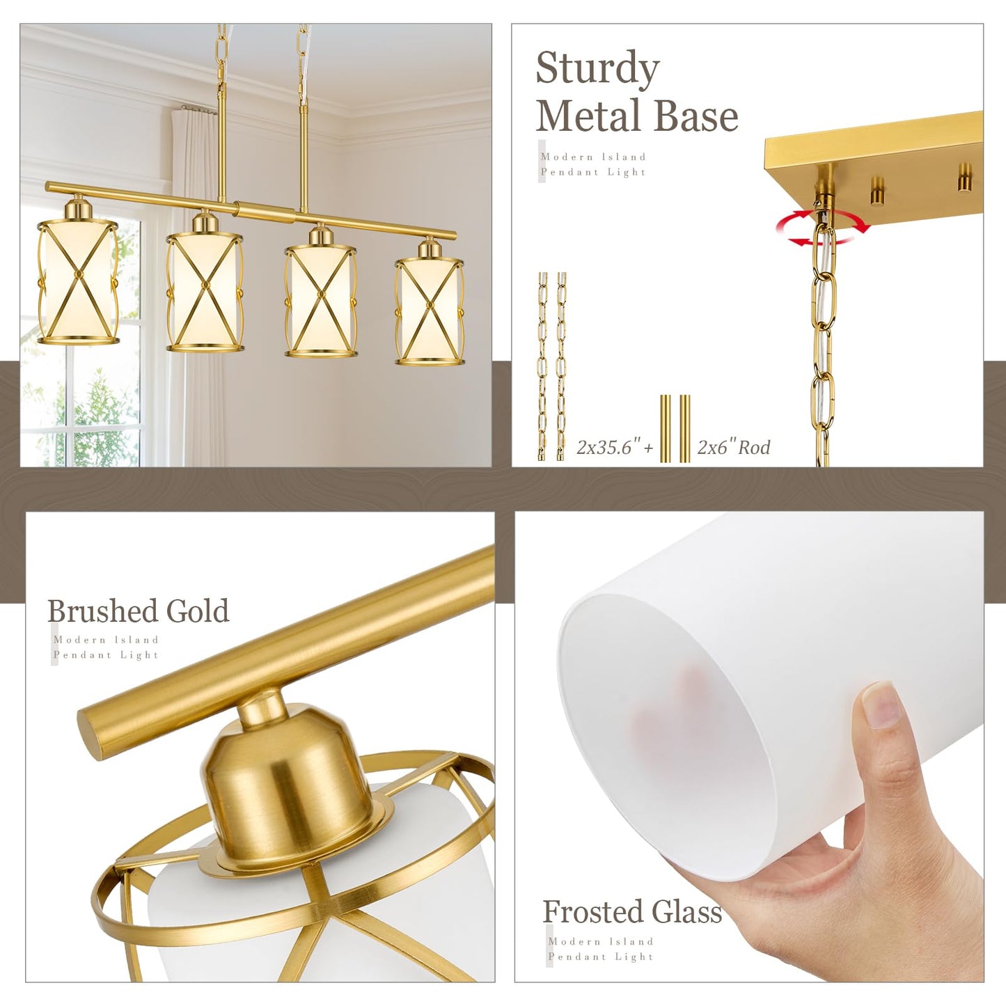 Osimir 4-Light Linear Kitchen Island Light Fixture, Brushed Gold with Milk Glass, Model CH9176BGW-4IS