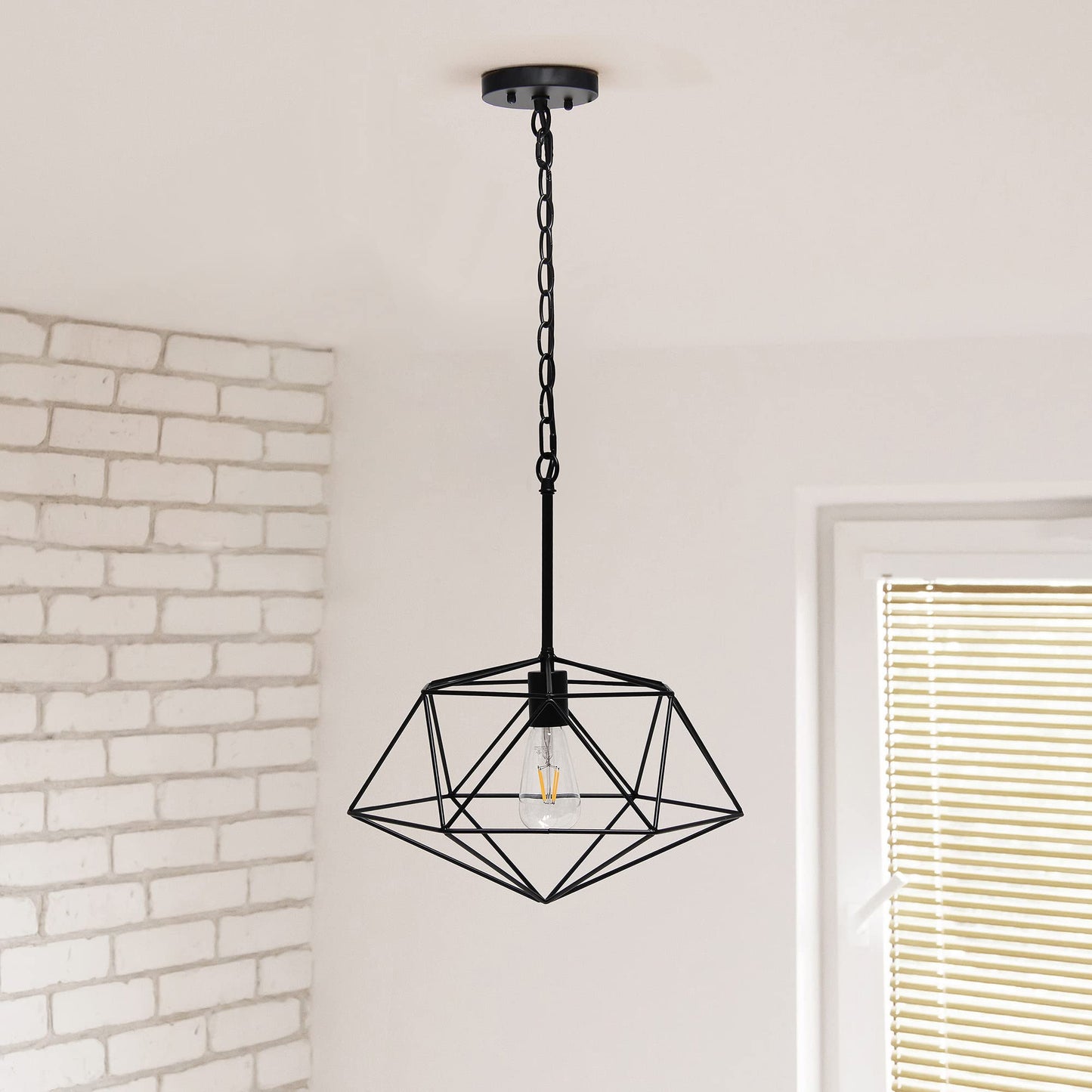 Elegant Designs PT1011-BLK 16in Geometric Diamond Pendant Light Fixture, Black, Iron, Industrial Metal Wire Cage