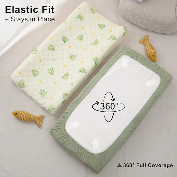 Unicorn Castle Waterproof Changing Pad Cover Muslin Changing Table Pad Cover 2 Pack Quilting for 32"x16" Baby Changing Pad Sheets Girls Boys,Green Dinosaur