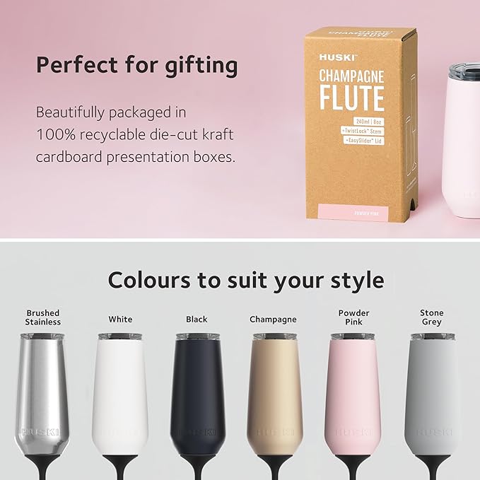 Huski Champagne Flute | NEW | Premium Stainless Steel Champagne Glass with Lid | Go Stemmed or Stemless with Detachable Stem | Triple Insulated Tumbler | 8oz Capacity | Great Gift (Powder Pink)