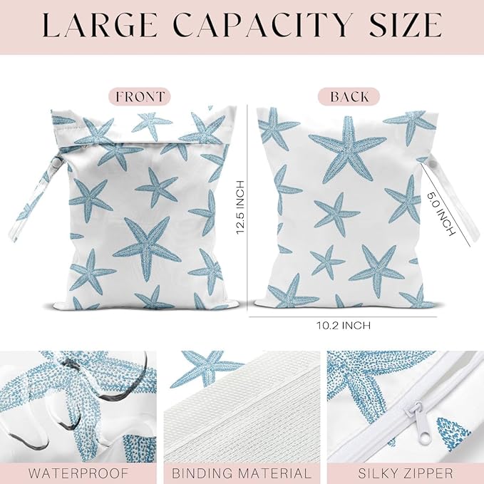 4Pcs Waterproof Wet Bag for Swimsuit, Travel Beach Wet Dry Bag, Hidden Zipper Reusable Rainbow Starfish Decor, for Travel Beach Wet Swimsuits Toiletries Diapers Dirty Gym Clothes Laundry Bag