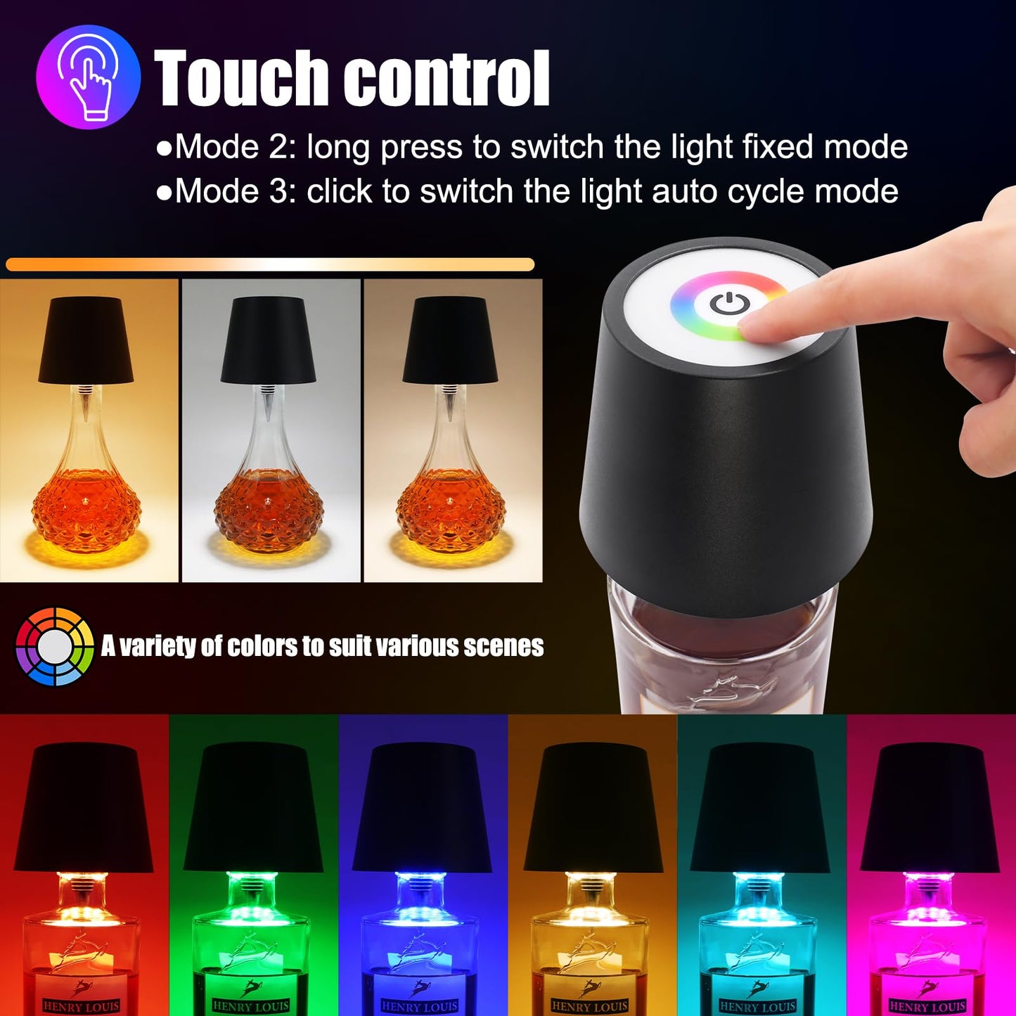 Tgxcf Wireless Bottle Lamp With Metal  Rgb Modes & 3 Color Stepless Dimming Wine Bottle Lamp Shade  Touch Led Rechargeable Dimmable Bottle Table Lamp  For Dining Room Bedroom Bar(Black)