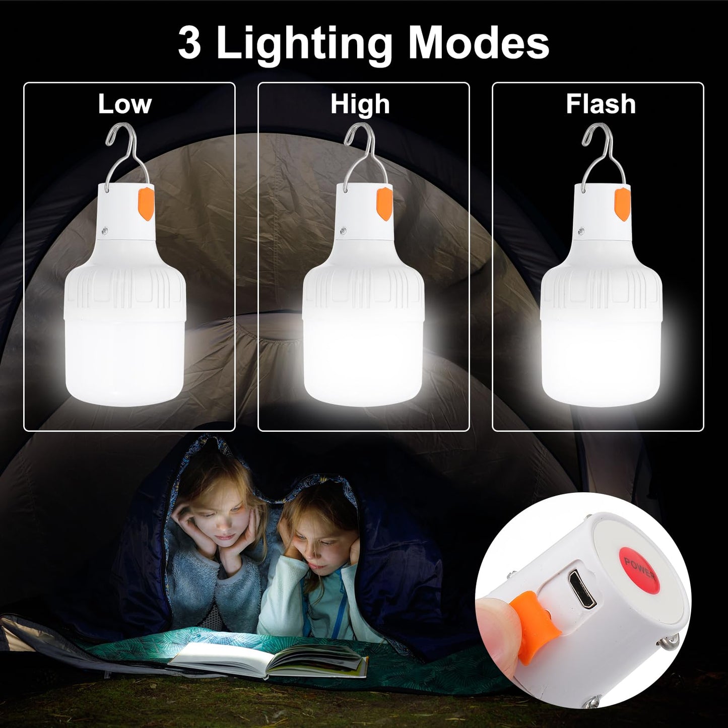 Patikil Camping Lantern  4 Pack Rechargeable Led Tent Lamp Lights Bulb Portable Hanging 3 Lighting Modes 60W Clip Hook For Camping  Hiking  Fishing  White