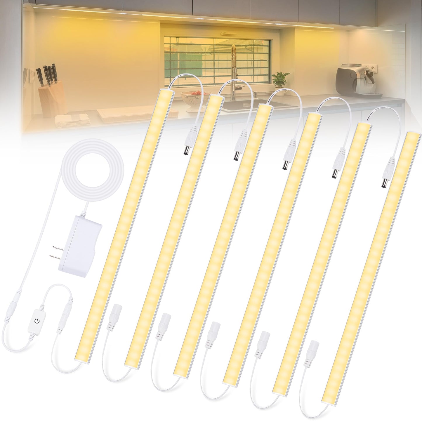 JUSJUBR LED Under Cabinet Lights, 6PCS 12 Inch, Warm White 3000K, Dimmable, Aluminum with Memory Function